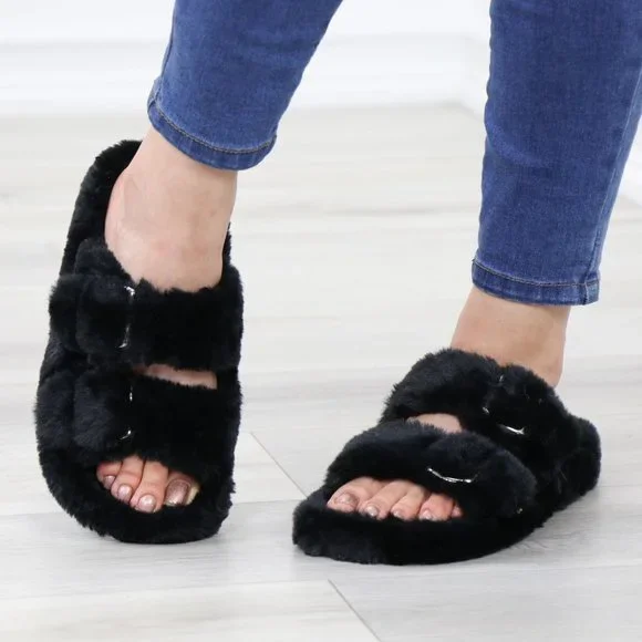 Black Puff Fuzzy Fluffy Slip On Plush Slippers Double Strap - Picture 7 of 15